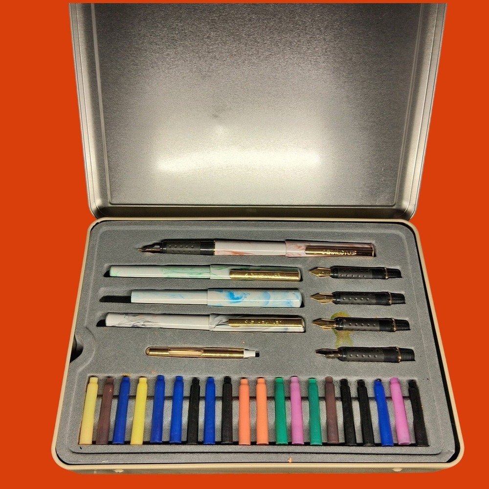 Staedtler Calligraphy Set 4 Marbled Fountain Pens 5 Nibs 20 Ink Cartridges Tin